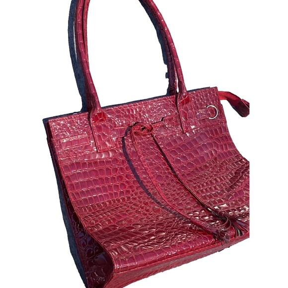 Elizabeth Arden Embossed Alligator Glossy Tassels Large Red Tote Bag Handbag - Picture 14 of 16